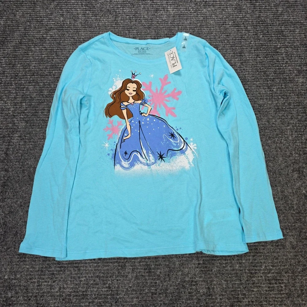 The Children's Place Princess Tee Girl's Size L 10/12 Spa Blue Long Sleeve NWT